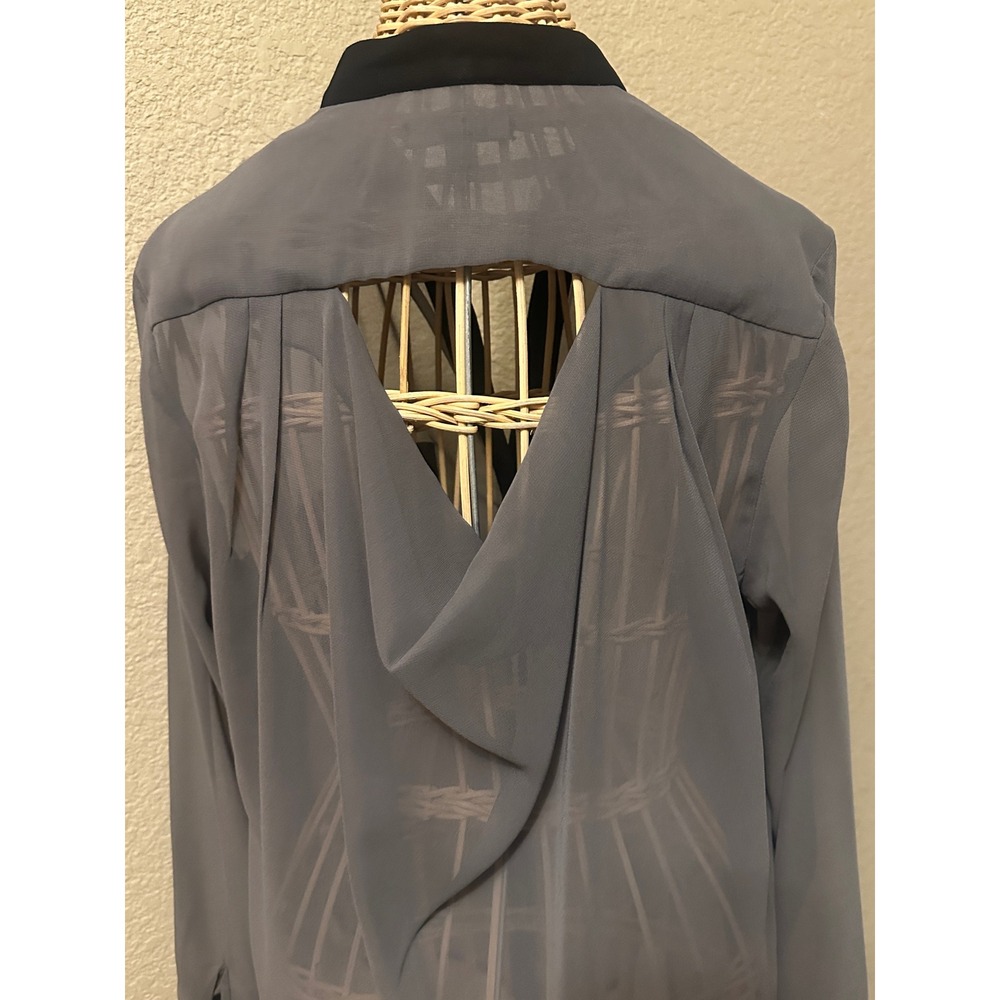 KUT from the Kloth Grey Sheer Draped Back Blouse Black Trim Medium flowy - Picture 3 of 16